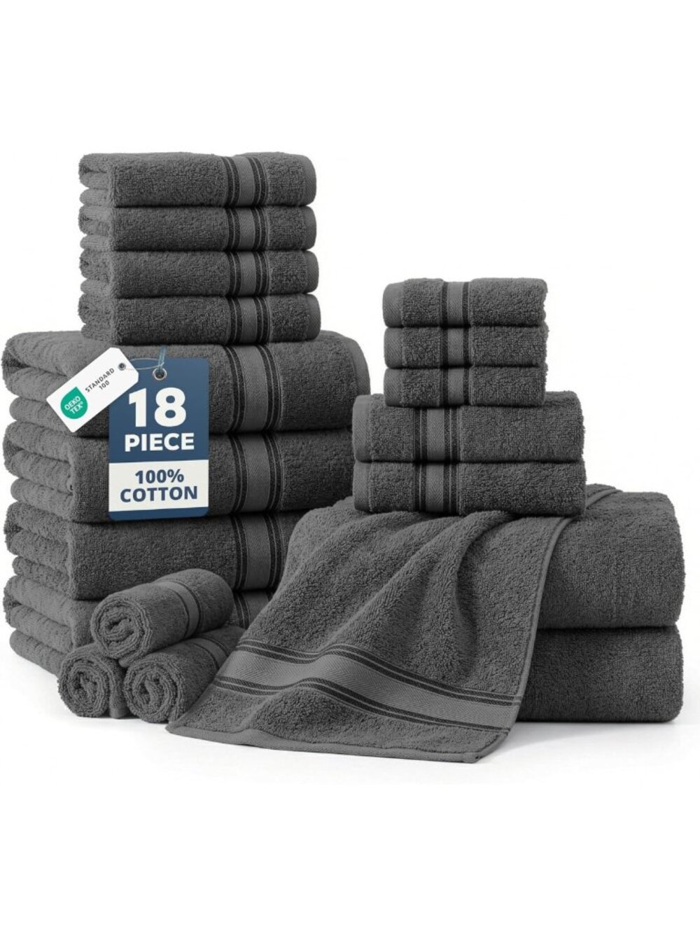 Soft Absorbent 100% Cotton Bath Towel Set - 18 Piece Luxury Grey Collection